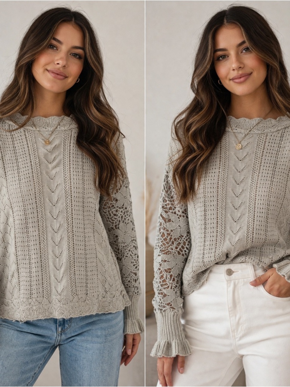 Eyelet Crochet Sleeve Knit Sweater 05-0186
